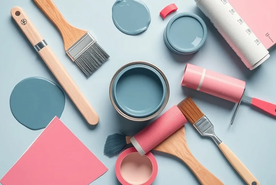 Pots de peinture, nuancier, brosses et rouleaux disposés à plat