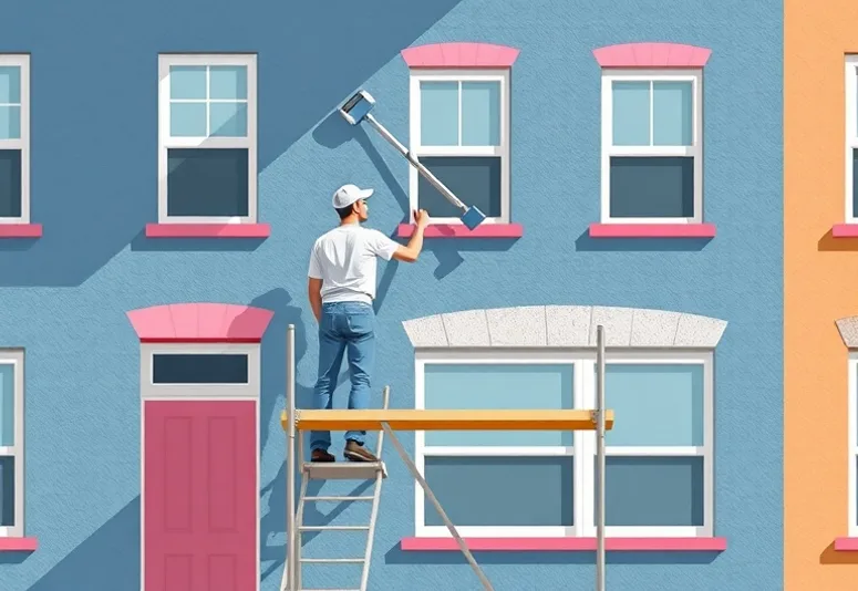 Peintre sur échafaudage traitant la façade d'une maison